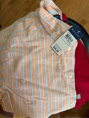 Ralph Lauren Peach & Light Blue Striped Boys Button-Down Shirt